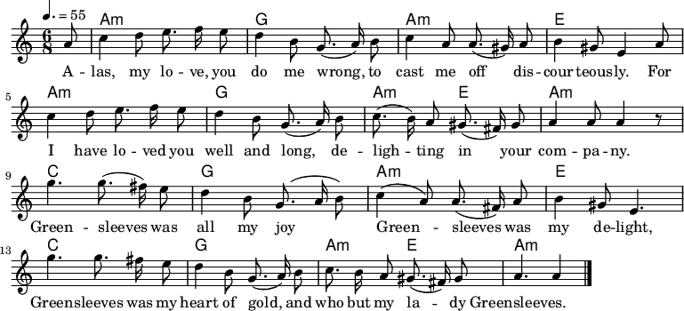 \version "2.12.3"
\language "deutsch"
\header {
tagline = ""
}
\layout {
indent = #0
}
akkorde = \chordmode {
\germanChords
\set chordChanges = ##t
s8 a1*6/8:m g a:m e a:m g a1*3/8:m e a1*6/8:m c g a:m e c g a1*3/8:m e a1*6/8:m
}
global = {
\autoBeamOff
\tempo 4. = 55
\time 6/8
\key c \major
}
melodie = \relative c'' {
\global
\partial8 a8
c4 d8 e8. f16 e8
d4 h8 g8.( a16) h8
c4 a8 a8.( gis16) a8
h4 gis8 e4 a8
c4 d8 e8. f16 e8
d4 h8 g8.( a16) h8
c8.( h16) a8 gis8.( fis16) gis8
a4 a8 a4 r8
g'4.g8.( fis16) e8
d4 h8 g8.( a16 h8)
c4( a8) a8.( fis16) a8
h4 gis8 e4.
g'4.g8. fis16 e8
d4 h8 g8.( a16) h8
c8. h16 a8 gis8.( fis16) gis8
a4. a4
\bar "|."
}
text = \lyricmode {
A -- las, my lo -- ve, you do me wrong,
to cast me off dis -- cour -- teous -- ly.
For I have lo -- ved you well and long,
de -- ligh -- ting in your com -- pa -- ny.
Green -- sleeves was all my joy
Green -- sleeves was my de -- light,
Green -- sleeves was my heart of gold,
and who but my la -- dy Greensleeves.
}
\score {
<<
\new ChordNames { \akkorde }
\new Voice = "Lied" { \melodie }
\new Lyrics \lyricsto "Lied" { \text }
>>
\midi {}
\layout {}
}