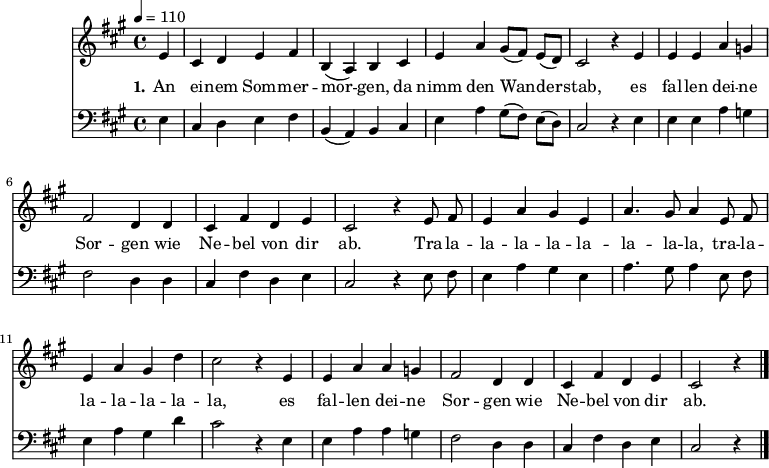 
% Dieses Notenblatt wurde erstellt von Michael Nausch
% Kontakt: michael@nausch.org (PGP public-key 0x2384C849) 

\version "2.16.0"

\header {
%  title = "An einem Sommermorgen"		  % Die Überschrift der Noten wird zentriert gesetzt.
%  subtitle = " "		                  % weitere zentrierte Überschrift.
%  poet = "Text: Theodor Fontane (1819 - 1898)"	  % Name des Dichters, linksbündig unter dem Unteruntertitel.
%  meter = ""                                      % Metrum, linksbündig unter dem Dichter.
%  composer = "Melodie: Volkslied"		  % Name des Komponisten, rechtsbüngig unter dem Unteruntertitel.
%  composer = " "
%  arranger = ""                                   % Name des Bearbeiters/Arrangeurs, rechtsbündig unter dem Komponisten.
  tagline = ""
                                                  % Zentriert unten auf der letzten Seite.
%  copyright = "Diese Noten sind frei kopierbar für jedermann – erstellt für www.ebersberger-liedersammlung.de"
                                                  % Zentriert unten auf der ersten Seite (sollten tatsächlich zwei
                                                  % seiten benötigt werden"
}

% Seitenformat und Ränder definieren
%\paper {
%  #(set-paper-size "a4")    % Seitengröße auf DIN A4 setzen.
%  after-title-space = 1\cm  % Die Größe des Abstands zwischen der Überschrift und dem ersten Notensystem.
%  bottom-margin = 5\mm      % Der Rand zwischen der Fußzeile und dem unteren Rand der Seite.
%  top-margin = 10\mm        % Der Rand zwischen der Kopfzeile und dem oberen Rand der Seite.

%  left-margin = 22\mm       % Der Rand zwischen dem linken Seitenrand und dem Beginn der Systeme/Strophen.
%  line-width = 175\mm       % Die Breite des Notensystems.
%}

%\layout {
%  indent = #0
%}

akkorde = \chordmode {
  \germanChords
	% leide (noch) keine vorhanden!
  %\repeat "volta" 2 {   }
}

melodie = \relative c' {
  \clef "treble"
  \time 4/4
  \tempo 4 = 110
  \key a\major
  \autoBeamOff
  \partial 4 % 1/4 Auftakt
	e4 cis d e fis b, (a) b cis e a gis8 ([fis]) e ([d]) cis2 r4 e e e a g fis2 d4 d cis fis d e
	cis2 r4 e8 fis e4 a gis e a4. gis8 a4 e8 fis e4 a gis d' cis2 r4 e,4 e a a g fis2 d4 d cis fis d e cis2 r4
  %\repeat "volta" 2 {  }
  \bar "|."
}

bass = \relative c {
  \clef "bass"
  \time 4/4
  \tempo 4 = 110
  \key a\major
  \autoBeamOff
  \partial 4 % 1/4 Auftakt
	e4 cis d e fis b, (a) b cis e a gis8 ([fis]) e ([d]) cis2 r4 e e e a g fis2 d4 d cis fis d e
	cis2 r4 e8 fis e4 a gis e a4. gis8 a4 e8 fis e4 a gis d' cis2 r4 e,4 e a a g fis2 d4 d cis fis d e cis2 r4
  %\repeat "volta" 2 {  }
  \bar "|."
}

text = \lyricmode {
  \set stanza = "1."
	An ei -- nem Som -- mer -- mor -- gen, da nimm den Wan -- der -- stab,
	es fal -- len dei -- ne Sor -- gen wie Ne -- bel von dir ab.
	Tra -- la -- la -- la -- la -- la -- la -- la -- la,
	tra -- la -- la -- la -- la -- la -- la, es fal -- len dei -- ne Sor -- gen
	wie Ne -- bel von dir ab.  
}

wdh = \lyricmode {
}

\score {
  <<
    \new ChordNames { \akkorde }
    \new Voice = "Lied" { \melodie }
    \new Lyrics \lyricsto "Lied" { \text }
    \new Voice = "Lied" { \bass}
%    \new Lyrics \lyricsto "Lied" { \wdh }
  >>
  \layout { }
}

\score {
  \unfoldRepeats
  <<
        \new ChordNames { \akkorde }
        \new Voice = "Lied" { \melodie }
  >>    
  \midi { }
}
