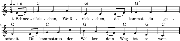 
% Dieses Notenblatt wurde erstellt von David Göhler
% Kontakt: pirat@online.de

\version "2.16.0"
\header {
%  title = "Schneeflöckchen, Weißröckchen" 	  % Die Überschrift der Noten wird zentriert gesetzt.
%  subtitle = " "                                  % weitere zentrierte Überschrift.
%  poet = "Text: H. Haberkorn"		          % Name des Dichters, linksbündig unter dem Unteruntertitel.
%  meter = ""                                      % Metrum, linksbündig unter dem Dichter.
%  composer = "Altes Volkslied"			  % Name des Komponisten, rechtsbüngig unter dem Unteruntertitel.
%  arranger = ""                                   % Name des Bearbeiters/Arrangeurs, rechtsbündig unter dem Komponisten.
  tagline = ""
                                                  % Zentriert unten auf der letzten Seite.
%  copyright = "Diese Noten sind frei kopierbar für jedermann – erstellt für www.ebersberger-liedersammlung.de"
                                                  % Zentriert unten auf der ersten Seite (sollten tatsächlich zwei
                                                  % seiten benötigt werden"
}

\layout {
  indent = #0
}


akkorde = \transpose d c \chordmode { \germanChords
  s4 d2. a2. a2.:7 d2. d2. a2. d2 a4 d2
}

melodie = \transpose d c \relative c' {
  \clef "treble"
  \time 3/4
  \tempo 4 = 110
  \key d\major
  \partial 4
  \autoBeamOn
	fis8( g) a4 a b e, e e8( fis) g4 g a \break
	fis2\breathe fis8( g) a4 a d cis b a8(g) fis4 g e d2
  \bar "|."
}

text = \lyricmode {
 \set stanza = "1."
	Schnee -- flöck -- chen, Weiß -- röck -- chen, da kommst du ge --
	schneit. Du kommst aus den Wol -- ken, dein Weg ist so weit. 
}

%{
wdh = \lyricmode {
  Es war so fin -- ster und auch so bit -- ter kalt.
}
%}

\score {
  <<
    \new ChordNames \with {midiInstrument = #"harpsichord"} { \akkorde }
    \new Voice = "Lied" \with {midiInstrument = #"cello"} { \melodie }
    \new Lyrics \lyricsto "Lied" { \text }
    %\new Lyrics \lyricsto "Lied" { \wdh }
  >>
  \midi { }
  \layout { }
}
