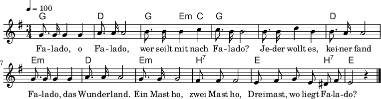 \version "2.12.3"
\language "deutsch"
\header {
tagline = ""
}
\layout {
indent = #0
}
akkorde = \chordmode {
\germanChords
\set chordChanges = ##t
g1*3/4 d g4 e4:m c
g1*3/4 g d e:m d
e:m h:7 e2 h4:7 e1*3/4
}
global = {
\autoBeamOff
\tempo 4 = 100
\time 3/4
\key g \major
}
melodie = \relative c'' {
\global
g8. g16 g4 g
a8. a16 a2
h8. h16 h4 c
c8. h16 h2
h8. h16 d4 h
h8. a16 a2
g8. g16 g4 g
a8. a16 a2
g8. g16 g2
fis8 fis fis2
e8 fis g e dis fis
e2 r4
\bar "|."
}
text = \lyricmode {
Fa -- la -- do, o Fa -- la -- do,
wer seilt mit nach Fa -- la -- do?
Je -- der wollt es, kei -- ner fand
Fa -- la -- do, das Wun -- der -- land.
Ein Mast ho, zwei Mast ho,
Drei -- mast, wo liegt Fa -- la -- do?
}
\score {
<<
\new ChordNames { \akkorde }
\new Voice = "Lied" { \melodie }
\new Lyrics \lyricsto "Lied" { \text }
>>
\midi {}
\layout {}
}