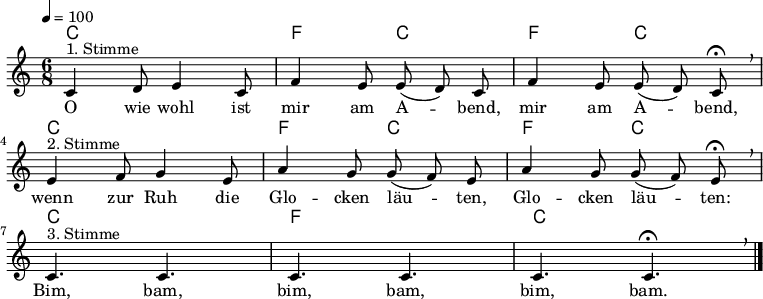 
% Dieses Notenblatt wurde erstellt von David Göhler
% Kontakt: pirat@online.de

\version "2.16.0"
\header {
%  title = "O wie wohl ist mir am Abend" 	  % Die Überschrift der Noten wird zentriert gesetzt.
%  subtitle = "3-stimmiger Kanon"                                  % weitere zentrierte Überschrift.
  %  poet = "Text: "			          % Name des Dichters, linksbündig unter dem Unteruntertitel.
%  meter = ""                                      % Metrum, linksbündig unter dem Dichter.
%  composer = "Volkslied"			  % Name des Komponisten, rechtsbüngig unter dem Unteruntertitel.
%  arranger = ""                                   % Name des Bearbeiters/Arrangeurs, rechtsbündig unter dem Komponisten.
  tagline = ""
                                                  % Zentriert unten auf der letzten Seite.
%  copyright = "Diese Noten sind frei kopierbar für jedermann – erstellt für www.ebersberger-liedersammlung.de"
                                                  % Zentriert unten auf der ersten Seite (sollten tatsächlich zwei
                                                  % seiten benötigt werden"
}

\layout {
  indent = #0
}

akkorde = \chordmode {
  %c2. f4 c2 f4 c2 c2. f4 c2 f4 c2 c2. c2. c2.
  c2. f4. c4. f4. c4. 
  c2. f4. c4. f4. c4. 
  c2. f2. c2.
}

melodie = \relative c' {
  \clef "treble"
  \time 6/8
  \tempo 4 = 100
  \key c\major
%  \partial 4  % kein Auftakt
  \autoBeamOff
    c4^"1. Stimme" d8 e4 c8 f4 e8 e( d) c f4 e8 e( d) c\fermata\breathe\break
	e4^"2. Stimme" f8 g4 e8 a4 g8 g( f) e a4 g8 g( f) e\fermata\breathe\break
	c4.^"3. Stimme" c4. c4. c4. c4. c4. \fermata\breathe\bar "|."
}
text = \lyricmode {
%  \set stanza = "1."
  O wie wohl ist mir am A -- bend, mir am A -- bend,
  wenn zur Ruh die Glo -- cken läu -- ten, Glo -- cken läu -- ten:
  Bim, bam, bim, bam, bim, bam.
}

\score {
  <<
    \new ChordNames { \akkorde }
    \new Voice = "Lied" { \melodie }
    \new Lyrics \lyricsto "Lied" { \text }
  >>
  \midi { }
  \layout { }
}
