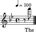 \version "2.12.3"
\language "deutsch"
\header {
tagline = ""
}
\layout {
indent = #0
}
akkorde = \chordmode {
\germanChords
\set chordChanges = ##t
}
global = {
\autoBeamOff
\tempo 4 = 100
\clef treble
\key b \major
\time 4/4
}
melodie = \relative c'' {
\global
\partial 4 r8 f'
\bar "|."
}
text = \lyricmode {
The Un -- ion for -- ev -- er! Hur -- rah, boys, hur -- rah!
Down with the trai -- tors, up with the stars;
While we ral -- ly round the flag, boys, we ral -- ly once a -- gain,
Shou -- ting the bat -- tle cry of free -- dom!
}
\score {
<<
% \new ChordNames { \akkorde }
\new Voice = "Lied" { \melodie }
\new Lyrics \lyricsto "Lied" { \text }
>>
\midi {}
\layout {}
}