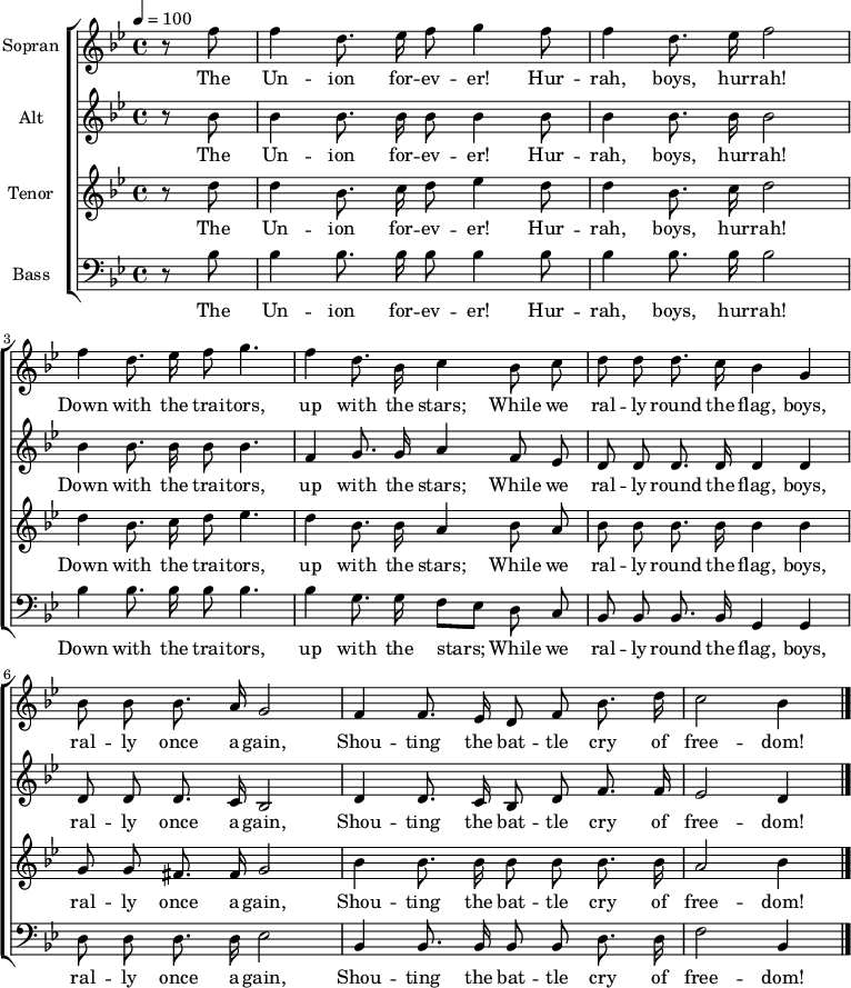 

\version "2.12.3"

\language "deutsch"

\header {
  tagline = ""
}

% \layout {
%  indent = #0
% } 

akkorde = \chordmode {
    \germanChords
    \set chordChanges = ##t

}

global = {
  \autoBeamOff
  \tempo 4 = 100
  \clef treble
  \key b \major
  \time 4/4
}

air = \relative c'' {
  \global
  \partial 4 r8 f f4 d8. es16 f8 g4 f8
  f4 d8. es16 f2
  f4 d8. es16 f8 g4.
  f4 d8. b16 c4 b8 c
  d8 d d8. c16 b4 g
  b8 b b8. a16 g2
  f4 f8. es16 d8 f b8. d16
  c2 b4
  \bar "|."
}

alto = \relative c'' {
  \global
  \partial 4 r8 b b4 b8. b16 b8 b4 b8
  b4 b8. b16 b2
  b4 b8. b16 b8 b4.
  f4 g8. g16 a4 f8 es
  d8 d d8. d16 d4 d
  d8 d d8. c16 b2
  d4 d8. c16 b8 d f8. f16
  es2 d4
  \bar "|."
}

tenor = \relative c'' {
  \global
  \partial 4 r8 d d4 b8. c16 d8 es4 d8
  d4 b8. c16 d2
  d4 b8. c16 d8 es4.
  d4 b8. b16 a4 b8 a
  b8 b b8. b16 b4 b
  g8 g fis8. fis16 g2
  b4 b8. b16 b8 b b8. b16
  a2 b4
  \bar "|."
}

bass = \relative c' {
  \global
  \clef "bass"
  \partial 4 r8 b b4 b8. b16 b8 b4 b8
  b4 b8. b16 b2
  b4 b8. b16 b8 b4.
  b4 g8. g16 f8[ es] d8 c
  b8 b b8. b16 g4 g
  d'8 d d8. d16 es2
  b4 b8. b16 b8 b d8. d16 %falsch
  f2 b,4 %falsch
  \bar "|."
}

text = \lyricmode {
The Un -- ion for -- ev -- er! Hur -- rah, boys, hur -- rah!
Down with the trai -- tors, up with the stars;
While we ral -- ly round the flag, boys, ral -- ly once a -- gain,
Shou -- ting the bat -- tle cry of free -- dom!
}

\score {
\new ChoirStaff <<
  \new Staff = "sopranos" <<
    \set Staff.instrumentName = #"Sopran"
    \new Voice = "sopranos" {
      \global
      \air
    }
  >>
  \new Lyrics \lyricsto "sopranos" {
    \text
  }
  \new Staff = "altos" <<
    \set Staff.instrumentName = #"Alt"
    \new Voice = "altos" {
      \global
      \alto
    }
  >>
  \new Lyrics \lyricsto "altos" {
    \text
  }
  \new Staff = "tenors" <<
    \set Staff.instrumentName = #"Tenor"
    \new Voice = "tenors" {
      \global
      \tenor
    }
  >>
  \new Lyrics \lyricsto "tenors" {
    \text
  }
  \new Staff = "basses" <<
    \set Staff.instrumentName = #"Bass"
    \new Voice = "basses" {
      \global
      \bass
    }
  >>
  \new Lyrics \lyricsto "basses" {
    \text
  }
>>  % end ChoirStaff
\midi {}
\layout {}
}

% \score {
%  <<
%    \new ChordNames { \akkorde }
%    \new Voice = "Lied" { \air}
%    \new Lyrics \lyricsto "Lied" { \text }
%    \new Voice = "Lied" { \alto}
%    \new Lyrics \lyricsto "Lied" { \text }
%    \new Voice = "Lied" { \tenor}
%    \new Lyrics \lyricsto "Lied" { \text }
%    \new Voice = "Lied" { \bass}
%  >>
%\midi {}
%\layout {}
% }
