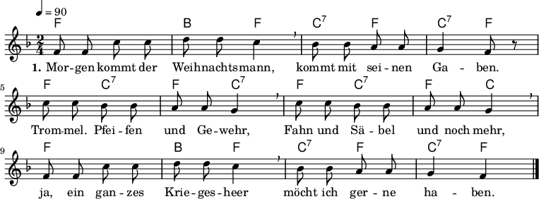 % Dieses Notenblatt wurde erstellt von Michael Nausch
% Kontakt: michael@nausch.org (PGP public-key 0x2384C849)
\version "2.16.0"
\header {
% title = "Morgen kommt der Weihnachtsmann" % Die Überschrift der Noten wird zentriert gesetzt.
% subtitle = " " % weitere zentrierte Überschrift.
% poet = "Text: Hoffmann von Fallersleben (1859)" % Name des Dichters, linksbündig unter dem Unteruntertitel.
% meter = "" % Metrum, linksbündig unter dem Dichter.
% composer = "Melodie: altes Volkslied" % Name des Komponisten, rechtsbüngig unter dem Unteruntertitel.
% arranger = "" % Name des Bearbeiters/Arrangeurs, rechtsbündig unter dem Komponisten.
tagline = ""
% Zentriert unten auf der letzten Seite.
% copyright = "Diese Noten sind frei kopierbar für jedermann – erstellt für www.ebersberger-liedersammlung.de"
% Zentriert unten auf der ersten Seite (sollten tatsächlich zwei
% seiten benötigt werden"
}
\layout {
indent = #0
}
% Akkorde für die Gitarrenbegleitung
akkorde = \transpose g f \chordmode {
\germanChords
g2 c4 g4 d4:7 g4 d4:7 g8 s8 g4 d4:7 g4 d4:7 g4 d4:7 g4 d4 g2 c4 g4 d4:7 g4 d4:7 g4
}
melodie= \transpose g f \relative c'' {
\clef "treble"
\key g \major
\time 2/4
\tempo 4 = 90
\autoBeamOff
%\partial 4.
g8 g d' d e e d4 \breathe c8 c b b a4 g8 r8 d'8 d c c b b a4 \breathe d8 d c c b b a4 \breathe
g8 g d' d e e d4 \breathe c8 c b b a4 g4
\bar "|."
}
text = \lyricmode {
\set stanza = "1."
Mor -- gen kommt der Weih -- nachts -- mann, kommt mit sei -- nen Ga -- ben.
Trom -- mel. Pfei -- fen und Ge -- wehr, Fahn und Sä -- bel und noch mehr,
ja, ein gan -- zes Krie -- ges -- heer möcht ich ger -- ne ha -- ben.
}
\score {
<<
\new ChordNames { \akkorde }
\new Voice = "Lied" { \melodie }
\new Lyrics \lyricsto "Lied" { \text }
>>
\midi { }
\layout { }
}