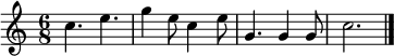 
\language "deutsch"

  \new Staff {
    \set Staff.midiInstrument = #"whistle"
\relative c' {
  \time 6/8
  c'4. e g4 e8 c4 e8 g,4. g4 g8 c2.
  \bar "|."
}
}

\midi{}

