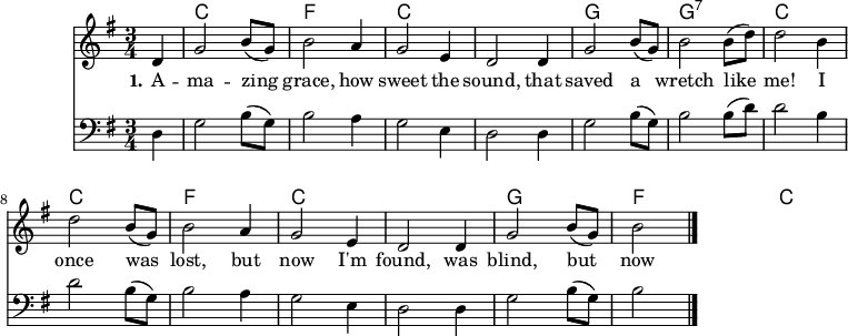 
\version "2.18.2"

\header {
	crossRefNumber = "1"
	footnotes = ""
	tagline = ""
}
\language "deutsch"
voicedefault =  \relative c' {
  \autoBeamOff
  \time 3/4
  \key g \major
  \partial 4
  d4
  g2 h8([ g]) h2 a4 g2 e4 d2 d4 
  g2 h8([ g]) h2 h8([ d]) d2 h4
  d2 h8([ g]) h2 a4 g2 e4
  d2 d4 g2 h8([ g]) h2
  \bar "|."
}

voicecello =  \relative c {
  \autoBeamOff
  \clef "bass"
  \time 3/4
  \key g \major
  \partial 4
  d4
  g2 h8([ g]) h2 a4 g2 e4 d2 d4 
  g2 h8([ g]) h2 h8([ d]) d2 h4
  d2 h8([ g]) h2 a4 g2 e4
  d2 d4 g2 h8([ g]) h2
  \bar "|."
}

akkorde = \chordmode {
  s4 c1*3/4 f  c c g g:7 c c f c c g f c
}

text = \lyricmode {
  \set stanza = "1."
A -- ma  -- zing grace, how sweet the sound,
that saved a wretch like me!
I once was lost, but now I'm found,
was blind, but now I see.
}

\score{
    <<
    \new ChordNames { \set chordChanges = ##t \akkorde }
    \new Voice = "default" { \voicedefault }
    \new Lyrics \lyricsto "default" { \text }
    \new Voice = "default" { \voicecello }

    >>
	\layout {}
	\midi {}
}
