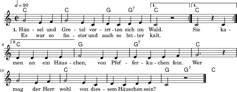 % Dieses Notenblatt wurde erstellt von Michael Nausch
% Kontakt: michael@nausch.org (PGP public-key 0x2384C849)
\version "2.16.0"
\header {
% title = "Hänsel und Gretel" % Die Überschrift der Noten wird zentriert gesetzt.
% subtitle = " " % weitere zentrierte Überschrift.
% poet = "Text: " % Name des Dichters, linksbündig unter dem Unteruntertitel.
% meter = "" % Metrum, linksbündig unter dem Dichter.
% composer = "Volkslied" % Name des Komponisten, rechtsbüngig unter dem Unteruntertitel.
% arranger = "" % Name des Bearbeiters/Arrangeurs, rechtsbündig unter dem Komponisten.
tagline = ""
% Zentriert unten auf der letzten Seite.
% copyright = "Diese Noten sind frei kopierbar für jedermann – erstellt für www.ebersberger-liedersammlung.de"
% Zentriert unten auf der ersten Seite (sollten tatsächlich zwei
% seiten benötigt werden"
}
\layout {
indent = #0
}
akkorde = \transpose d c \chordmode { \germanChords
\repeat volta 2 { d1 d1 a2 a:7 d1 }
\alternative {
{ d1 }
{ d1 }
}
a1 a:7 d s d s a2 a:7 d1
}
melodie = \transpose d c \relative c' {
\clef "treble"
\time 2/2
\tempo 2 = 90
\key d\major
% \partial 8
\autoBeamOn
\repeat volta 2 {
a'2 fis4 g a2 fis4 d e d e fis
}
\alternative {
{ d2 r }
{ d2 r4 d4 }
}
e4 e e fis g2 e4 e fis e fis g a2. r4 \break
a2 fis4 g a2 fis4 d e d e fis d2 r2
\bar "|."
}
text = \lyricmode {
\set stanza = "1."
Hän -- sel und Gre -- tel ver -- irr -- ten sich im Wald.
Sie ka -- men an ein Häus -- chen, von Pfef -- fer -- ku -- chen fein.
Wer mag der Herr wohl von dies -- sem Häus -- chen sein?
}
wdh = \lyricmode {
Es war so fin -- ster und auch so bit -- ter kalt.
}
\score {
<<
\new ChordNames { \akkorde }
\new Voice = "Lied" { \melodie }
\new Lyrics \lyricsto "Lied" { \text }
\new Lyrics \lyricsto "Lied" { \wdh }
>>
\layout { }
}
\score {
\unfoldRepeats
<<
\new ChordNames { \akkorde }
\new Voice = "Lied" { \melodie }
>>
\midi { }
}