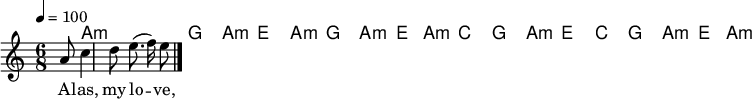 \version "2.12.3"
\language "deutsch"
\header {
tagline = ""
}
\layout {
indent = #0
}
akkorde = \chordmode {
\germanChords
\set chordChanges = ##t
s8 a1*6/8:m g a:m e a:m g a1*3/8:m e a1*6/8:m c g a:m e c g a1*3/8:m e a1*6/8:m
}
global = {
\autoBeamOff
\tempo 4 = 100
\time 6/8
\key c \major
}
melodie = \relative c'' {
\global
\partial4 a8
c4 d8 e8.(f16) e8
\bar "|."
}
text = \lyricmode {
A -- las, my lo -- ve, you do me wrong,
to cast me off dis -- cour -- teous -- ly.
For I have lo -- ved you well and long,
de -- ligh -- ting in your com -- pa -- ny.
Green -- sleeves was all my joy
Green -- sleeves was my de -- light,
Green -- sleeves was my heart of gold,
and who but my la -- dy greensleeves.
}
\score {
<<
\new ChordNames { \akkorde }
\new Voice = "Lied" { \melodie }
\new Lyrics \lyricsto "Lied" { \text }
>>
\midi {}
\layout {}
}