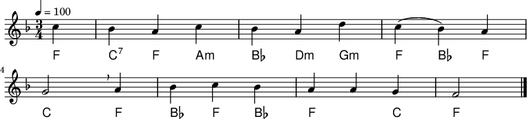 
% Dieses Notenblatt wurde erstellt von Michael Nausch
% Kontakt: michael@nausch.org (PGP public-key 0x2384C849) 

\version "2.16.0"
\header {
%  title = "Nun wollen wir singen das Abendlied" % Die Überschrift der Noten wird zentriert gesetzt. 
%  subtitle = " "			        % weitere zentrierte Überschrift.
%  poet = ""                                     % Name des Dichters, linksbündig unter dem Unteruntertitel. 
%  meter = "" 				        % Metrum, linksbündig unter dem Dichter. 
%  composer = "Volkslied aus dem Odenwald"       % Name des Komponisten, rechtsbüngig unter dem Unteruntertitel. 
%  arranger = "" 			        % Name des Bearbeiters/Arrangeurs, rechtsbündig unter dem Komponisten. 
  tagline = "" 
	    				        % Zentriert unten auf der letzten Seite.
%  copyright = "Diese Noten sind frei kopierbar für jedermann – erstellt für www.ebersberger-liedersammlung.de"
	    				        % Zentriert unten auf der ersten Seite (sollten tatsächlich zwei 
					        % Seiten benötigt werden"
}


\layout {
  indent = #0
} 


% Akkorde für die Gitarrenbegleitung
akkorde = \chordmode {
          %\germanChords
	   f4 c:7 f a:m bes d:m g:m f bes f c2 f4 bes f bes f2 c4 f2
	   %d4 g d a g d g d g d a2 d4 g d g d2 a4 d1 s4
}


melodie= \relative c'' {
         \clef "treble"
         \key f \major
         \time 3/4
         \tempo 4 = 100
         \autoBeamOff
	 \partial 4
	  c4 bes a c bes a d c (bes) a \break
	  g2 \breathe a4 bes c bes a a g f2
	 \bar "|."
}


text = \lyricmode {
  \set stanza = "1."
	Nun wol -- len wir sin -- gen das A_ -- bend -- lied und be -- ten, daß Gott uns be -- hüt.
}


\score {
  \new Staff {
    \set Staff.midiInstrument = #"acoustic guitar (nylon)"
  <<
    \new ChordNames { \akkorde }
    \new Voice { \melodie }
    \new Lyrics \lyricsto "Lied" { \text }
  >>
}
  \midi { }
  \layout { }
}
