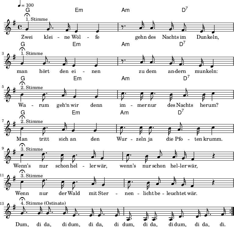 \version "2.12.3"
\language "deutsch"
\header {
tagline = ""
}
\layout {
indent = #0
}
akkorde = \chordmode {
\germanChords
\set chordChanges = ##t
g2 e:m a:m d:7
g2 e:m a:m d:7
g2 e:m a:m d:7
g2 e:m a:m d:7
}
global = {
\autoBeamOff
\tempo 4 = 100
\time 4/4
\key g \major
}
melodie = \relative c'' {
\global
g4^"1. Stimme"\fermata g8. fis16 e4 e
r8. a16 a8. g16 fis8. e16 d4 \break
g4^"1. Stimme"\fermata g8. fis16 e4 e
r8. a16 a8. g16 fis8. e16 d4 \break
h'4^"2. Stimme"\fermata h8. a16 g4 g4
c8. c16 c8. h16 a8. h16 c4 \break
h4^"2. Stimme"\fermata h8. a16 g4 g4
c8. c16 c8. h16 a8. h16 c4 \break
c4^"3. Stimme"\fermata d8. c16 h8. a16 g4
c8. h16 a8 a16 g16 fis4 r4 \break
c'4^"3. Stimme"\fermata d8. c16 h8. a16 g4
c8. h16 a8 a16 g16 fis4 r4 \break
g8.^"4. Stimme (Ostinato)"\fermata g16 g8. g16 e8. e16 e8. e16
a,8. a16 a8. a16 d8. d16 e8. fis16
\bar ":|."
}
text = \lyricmode {
Zwei klei -- ne Wöl -- fe gehn des Nachts im Dun -- keln,
man hört den ei -- nen zu dem an -- dern mun -- keln:
Wa -- rum geh‘n wir denn im -- mer nur des Nachts her -- um?
Man tritt sich an den Wur -- zeln ja die Pfo -- ten krumm.
Wenn’s nur schon hel -- ler wär, wenn’s nur schon hel -- ler wär,
Wenn nur der Wald mit Ster -- nen -- licht be -- leuch -- tet wär.
Dum, di da, di dum, di da, di dum, di da, di dum, di da, di.
}
\score {
<<
\new ChordNames { \akkorde }
\new Voice = "Lied" { \melodie }
\new Lyrics \lyricsto "Lied" { \text }
>>
\midi {}
\layout {}
}