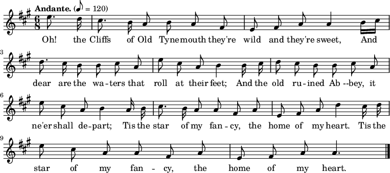 

\version "2.12.3"

%\language "deutsch"

\header {
  tagline = ""
}

\layout {
  indent = #0
} 

akkorde = \chordmode {
    \germanChords
    \set chordChanges = ##t

}

global = {
  \autoBeamOff
    \language "english"
    \key a \major
    \time 6/8
    \autoBeamOff
    \tempo "Andante." 8=120
}

melodie = \relative c'' {
  \global
    \partial 4
    e8. d16 |
    cs8. b16 a8 b8 a8 fs8 |
    e8 fs8 a8 a4 b16[ cs16] |
    d8. cs16 b8 b8 cs8 a8 |
    e'8 cs8 a8 b4 b16 cs16 |
    d8 cs8 b8 b8 cs8 a8 |
    e'8 cs8 a8 b4 a16 b16 |
    cs8. b16 a8 a8 fs8 a8 |
    e8 fs8 a8 d4 cs16 d16 |
    e8 cs8 a8 a8 fs8 a8 |
    e8 fs8 a8 a4. \bar "|."
}

text = \lyricmode {
Oh! the Cliffs of Old Tyne -- mouth they're wild and they're sweet,
And dear are the wa -- ters that roll at their feet;
And the old ru -- ined Ab --bey, it ne'er shall de -- part;
Tis the star of my fan -- cy, the home of my heart.
Tis the star of my fan -- cy, the home of my heart.
}

\score {
  <<
%    \new ChordNames { \akkorde }
    \new Voice = "Lied" { \melodie }
    \new Lyrics \lyricsto "Lied" { \text }
  >>
\midi {}
\layout {}
}
