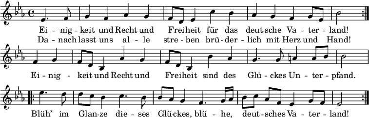  \relative c'
{ \key es \major \time 4/4 \autoBeamOff
\partial 2 \repeat volta 2 { es4. f8 g4 f | as g f8[ d] es4 | c' bes as g | f g8[ es] bes'2 }
f4 g f8[ d] bes4 | as' g f8[ d] bes4 | bes' as g4. g8 | a4 a8[ bes] bes2 |
\repeat volta 2 { es4. d8 d[ c] bes4 | c4. bes8 bes[ as] g4 |
f4. g16[ as] bes8[ c] as[ f] | es4 g8[ f] es2 } }
\addlyrics {
<<
{ Ei -- nig -- keit und Recht und Frei -- heit
für das deut -- sche Va -- ter -- land!
}
\new Lyrics
{ Da -- nach lasst uns al -- le stre -- ben
brü -- der -- lich mit Herz und Hand! }
>>
Ei -- nig -- keit und Recht und Frei -- heit
sind des Glü -- ckes Un -- ter -- pfand.
Blüh’ im Glan -- ze die -- ses Glü -- ckes,
blü -- he, deut -- sches Va -- ter -- land!
}