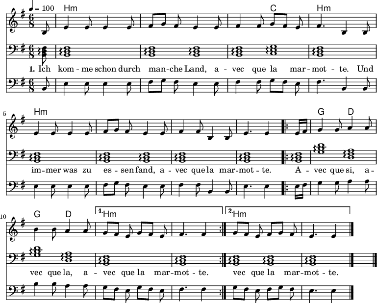 

\version "2.12.3"

\language "deutsch"

\header {
  tagline = ""
}

\layout {
  indent = #0
} 

akkorde = \chordmode {
    \germanChords
    \set chordChanges = ##t
    s8 h1*6/8:m h1*3/8:m h:m h1*3/8:m c h1*6/8:m h1*6/8:m h1*3/8:m h:m h1*6/8:m h1*5/8:m
    \repeat volta 2 { h1*1/8:m g1*3/8 d g d } 
    \alternative {
        { h1*6/8:m h1*5/8:m }
        { h1*3/8:m h1*3/8:m h1*6/8:m }
    }
}

global = {
  \autoBeamOff
  \time 6/8
  \tempo 4 = 100
  \key g \major
}

melodie = \relative c' {
  \global
  \partial 8 h8 e4 e8 e4 e8 fis8[ g] fis e4 e8 fis4 fis8 g[ fis] e fis4. h,4 h8 \break
                e4 e8 e4 e8 fis8[ g] fis e4 e8 fis4 fis8 h,4 h8 e4. e4
  \repeat volta 2 { e16[ fis]
                g4 g8 a4 a8 h4 h8 a4 a8 }
  \alternative {
     { g8[ fis] e g8[ fis] e fis4. fis4 }
     { g8[ fis] e fis8[ g] fis e4. e4 }
}
  \bar "|."
}

dreiklang = \relative c {
  \global
  \clef "bass"
    \partial 8 <h d fis>8\arpeggio <h d fis>1*6/8\arpeggio <h d fis>1*3/8\arpeggio <h d fis>\arpeggio <h d fis>1*3/8\arpeggio <c e g>\arpeggio <h d fis>1*6/8\arpeggio <h d fis>1*6/8\arpeggio <h d fis>1*3/8\arpeggio <h d fis>\arpeggio <h d fis>1*6/8\arpeggio <h d fis>1*5/8\arpeggio
    \repeat volta 2 { <h d fis>1*1/8\arpeggio <g' h d>1*3/8\arpeggio <d fis a>\arpeggio <g h d>\arpeggio <d fis a>\arpeggio } 
    \alternative {
        { <h d fis>1*6/8\arpeggio <h d fis>1*5/8\arpeggio }
        { <h d fis>1*3/8\arpeggio <h d fis>1*3/8\arpeggio <h d fis>1*6/8\arpeggio }
}
  \bar "|."
}

bass = \relative c {
  \global
  \clef "bass"
  \partial 8 h8 e4 e8 e4 e8 fis8[ g] fis e4 e8 fis4 fis8 g[ fis] e fis4. h,4 h8 \break
                e4 e8 e4 e8 fis8[ g] fis e4 e8 fis4 fis8 h,4 h8 e4. e4
  \repeat volta 2 { e16[ fis]
                g4 g8 a4 a8 h4 h8 a4 a8 }
  \alternative {
     { g8[ fis] e g8[ fis] e fis4. fis4 }
     { g8[ fis] e fis8[ g] fis e4. e4 }
}
  \bar "|."
}

text = \lyricmode {
  \set stanza = "1."
Ich kom -- me schon durch man -- che Land, a -- vec que la mar -- mot -- te. Und im -- mer was zu es -- sen fand, a -- vec que la mar -- mot -- te.
A -- vec que si, a -- vec que la, a -- vec que la mar -- mot -- te. vec que la mar -- mot -- te.
}

\score {
  <<
    \new ChordNames { \akkorde }
    \new Voice = "Lied" { \melodie }
    \new Voice = "Lied" { \dreiklang }
    \new Lyrics \lyricsto "Lied" { \text }
    \new Voice = "Lied" { \bass }
  >>
\layout {}
}

\score {
  \unfoldRepeats
  <<
%	\new ChordNames { \akkorde }
	\new Voice = "Lied" { \melodie }
	\new Voice = "Lied" { \dreiklang}
  >>	
  \midi { }
}

