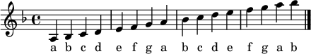 

\version "2.12.3"

\language "deutsch"

\header {
  tagline = ""
}

\layout {
  indent = #0
} 

 akkorde = \chordmode {
}

global = {
  \autoBeamOff
  \time 4/4
  \key f \major
}

melodie = \relative c' {
  \global
  a4 b c d e f g a b c d e f g a b
  \bar "|."
}

text = \lyricmode {
  a b c d e f g a b c d e f g a b
}

\score {
  <<
%   \new ChordNames { \akkorde }
    \new Voice = "Lied" { \melodie }
    \new Lyrics \lyricsto "Lied" { \text }
%    \new Voice = "Lied" { \bass }
  >>
\midi {}
\layout {}
}

