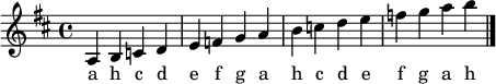 \version "2.12.3"
\language "deutsch"
\header {
tagline = ""
}
\layout {
indent = #0
}
akkorde = \chordmode {
}
global = {
\autoBeamOff
\time 4/4
\key d \major
}
melodie = \relative c' {
\global
a4 h c d e f g a h c d e f g a h
\bar "|."
}
text = \lyricmode {
a h c d e f g a h c d e f g a h
}
\score {
<<
% \new ChordNames { \akkorde }
\new Voice = "Lied" { \melodie }
\new Lyrics \lyricsto "Lied" { \text }
% \new Voice = "Lied" { \bass }
>>
\midi {}
\layout {}
}