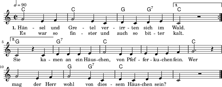 
% Dieses Notenblatt wurde erstellt von Michael Nausch
% Kontakt: michael@nausch.org (PGP public-key 0x2384C849) 

\version "2.16.0"
\header {
%  title = "Hänsel und Gretel"		 	  % Die Überschrift der Noten wird zentriert gesetzt.
%  subtitle = " "                                  % weitere zentrierte Überschrift.
  %  poet = "Text: "			          % Name des Dichters, linksbündig unter dem Unteruntertitel.
%  meter = ""                                      % Metrum, linksbündig unter dem Dichter.
%  composer = "Volkslied"			  % Name des Komponisten, rechtsbüngig unter dem Unteruntertitel.
%  arranger = ""                                   % Name des Bearbeiters/Arrangeurs, rechtsbündig unter dem Komponisten.
  tagline = ""
                                                  % Zentriert unten auf der letzten Seite.
%  copyright = "Diese Noten sind frei kopierbar für jedermann – erstellt für www.ebersberger-liedersammlung.de"
                                                  % Zentriert unten auf der ersten Seite (sollten tatsächlich zwei
                                                  % seiten benötigt werden"
}

\layout {
  indent = #0
}

akkorde = \transpose d c \chordmode { \germanChords
  \repeat volta 2 { d1 d1 a2 a:7 d1 }
  a1 a:7 d s d s a2 a:7 d1
}

melodie = \transpose d c \relative c' {
  \clef "treble"
  \time 2/2
  \tempo 2 = 90
  \key d\major
%  \partial 8
  \autoBeamOn
  \repeat volta 2 {
    a'2 fis4 g a2 fis4 d e d e fis
  } 
\alternative {
  { d2 r \break }
  { d2 r4 d4 }
  }
    e4 e e fis g2 e4 e fis e fis g a2. r4 \break
    a2 fis4 g a2 fis4 d e d e fis d2 r2
  \bar "|."
}

text = \lyricmode {
 \set stanza = "1."
  Hän -- sel und Gre -- tel ver -- irr -- ten sich im Wald.
  Sie ka -- men an ein Häus -- chen, von Pfef -- fer -- ku -- chen fein.
  Wer mag der Herr wohl von dies -- sem Häus -- chen sein?
}

wdh = \lyricmode {
  Es war so fin -- ster und auch so bit -- ter kalt.
}


\score {
  <<
    \new ChordNames { \akkorde }
    \new Voice = "Lied" { \melodie }
    \new Lyrics \lyricsto "Lied" { \text }
    \new Lyrics \lyricsto "Lied" { \wdh }
  >>
  \layout { }
}

\score {
  \unfoldRepeats
  <<
	\new ChordNames { \akkorde }
	\new Voice = "Lied" { \melodie }
  >>	
  \midi { }
}
