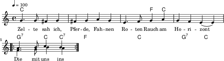 \version "2.12.3"
\language "deutsch"
\header {
tagline = ""
}
\layout {
indent = #0
}
akkorde = \chordmode {
\germanChords
\set chordChanges = ##t
c1 c c2 f4 c4 c1 g2:7 c4 c4:7
f1 f1*3/4 c4 c1 g2:7 c2
}
global = {
\autoBeamOff
\tempo 4 = 100
\time 4/4
\key c \major
}
melodie = \relative c'' {
\global
g4. g8 fis4 g
fis4 g a g
e4. f8 g4 a
g4 f e( e)
\repeat volta 2 {
<<
{
\voiceOne
a4. h8 c4 h
}
\new Voice {
\voiceTwo
f4. g8 h4 a
}
>>
}
\bar ":|."
}
text = \lyricmode {
Zel -- te sah ich, Pfer -- de, Fah -- nen
Ro -- ten Rauch am Ho -- ri -- zont
Die mit uns ins La -- ger ka -- men
Sind das Le -- ben so ge -- wohnt.
}
\score {
<<
\new ChordNames { \akkorde }
\new Voice = "Lied" { \melodie }
\new Lyrics \lyricsto "Lied" { \text }
>>
\midi {}
\layout {}
}