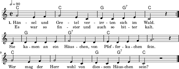 
% Dieses Notenblatt wurde erstellt von Michael Nausch
% Kontakt: michael@nausch.org (PGP public-key 0x2384C849) 

\version "2.16.0"
\header {
%  title = "Hänsel und Gretel"		 	  % Die Überschrift der Noten wird zentriert gesetzt.
%  subtitle = " "                                  % weitere zentrierte Überschrift.
  %  poet = "Text: "			          % Name des Dichters, linksbündig unter dem Unteruntertitel.
%  meter = ""                                      % Metrum, linksbündig unter dem Dichter.
%  composer = "Volkslied"			  % Name des Komponisten, rechtsbüngig unter dem Unteruntertitel.
%  arranger = ""                                   % Name des Bearbeiters/Arrangeurs, rechtsbündig unter dem Komponisten.
  tagline = ""
                                                  % Zentriert unten auf der letzten Seite.
%  copyright = "Diese Noten sind frei kopierbar für jedermann – erstellt für www.ebersberger-liedersammlung.de"
                                                  % Zentriert unten auf der ersten Seite (sollten tatsächlich zwei
                                                  % seiten benötigt werden"
}

\layout {
  indent = #0
}

akkorde = \transpose d c \chordmode { \germanChords
  \repeat volta 2 { d1 d1 a2 a:7 d2. } s4
  a1 a:7 d s d s a2 a:7 d1
}

melodie = \transpose d c \relative c' {
  \clef "treble"
  \time 2/2
  \tempo 2 = 90
  \key d\major
%  \partial 8
  \autoBeamOn
  \repeat volta 2 {
    a'2 fis4 g a2 fis4 d e d e fis d2 r4	
  } \break
    d4 e e e fis g2 e4 e fis e fis g a2. r4 \break
    a2 fis4 g a2 fis4 d e d e fis d2 r2
  \bar "|."
}

text = \lyricmode {
 \set stanza = "1."
  Hän -- sel und Gre -- tel ver -- irr -- ten sich im Wald.
  Sie ka -- men an ein Häus -- chen, von Pfef -- fer -- ku -- chen fein.
  Wer mag der Herr wohl von dies -- sem Häus -- chen sein?
}

wdh = \lyricmode {
  Es war so fin -- ster und auch so bit -- ter kalt.
}


\score {
  <<
    \new ChordNames { \akkorde }
    \new Voice = "Lied" { \melodie }
    \new Lyrics \lyricsto "Lied" { \text }
    \new Lyrics \lyricsto "Lied" { \wdh }
  >>
  \layout { }
}

\score {
  \unfoldRepeats
  <<
	\new ChordNames { \akkorde }
	\new Voice = "Lied" { \melodie }
  >>	
  \midi { }
}
