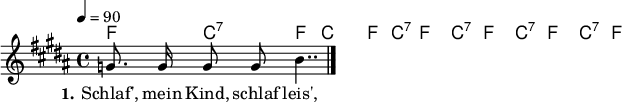 

\header {
  tagline = ""
}

\layout {
  indent = #0
}

akkorde = \chordmode {
  \germanChords
%  \partial 4
	f4 c:7 f4. c8 f4 c:7 f2 c:7 f c:7 f c:7 f  
}

melodie = \relative c'' {
  \clef "treble"
  \time 4/4
  \tempo 4 = 90
  \key b \major
  \autoBeamOff
%  \partial 4
	g8. g16 g8 g b4..
  \bar "|."
}

text = \lyricmode {
  \set stanza = "1."
Schlaf', mein Kind, schlaf leis',
Dort drau -- ßen geht der Preuß',
Dei -- nen Va -- ter hat er um -- ge -- bracht,
Dei -- ne Mu -- tter hat er arm ge -- macht,
Und wer nicht schläft in guter Ruh',
Dem drückt der Preuss' die Augen zu.
}

\score {
  <<
    \new ChordNames { \akkorde }
    \new Voice = "Lied" { \melodie }
    \new Lyrics \lyricsto "Lied" { \text }
  >>
  \midi { }
  \layout { }
}
