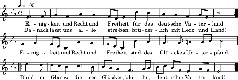 

\version "2.12.3"

% \language "deutsch"

\header {
  tagline = ""
}

\layout {
  indent = #0
} 

akkorde = \chordmode {
    \germanChords
    \set chordChanges = ##t
    f1*3/4 c:7 c:7 f f c:7 c:7 f f c:7 c:7 f
}

global = {
  \key es
  \major
  \time 4/4
  \autoBeamOff
  \tempo 4 = 100
}

melodie = \relative c' {
  \global
  \partial 2 \repeat volta 2 { es4. f8 g4 f | as g f8[ d] es4 | c' bes as g | f g8[ es] bes'2 }
  f4 g f8[ d] bes4 | as' g f8[ d] bes4 | bes' as g4. g8 | a4 a8[ bes] bes2 |
  \repeat volta 2 { es4. d8 d[ c] bes4 | c4. bes8 bes[ as] g4 |
  f4. g16[ as] bes8[ c] as[ f] | es4 g8[ f] es2 }
  }

text = \lyricmode {
Ei -- nig -- keit und Recht und Frei -- heit
für das deut -- sche Va -- ter -- land!
Ei -- nig -- keit und Recht und Frei -- heit
sind des Glü -- ckes Un -- ter -- pfand.
Blüh’ im Glan -- ze die -- ses Glü -- ckes,
blü -- he, deut -- sches Va -- ter -- land!
}

wdh = \lyricmode {
  Da -- nach lasst uns al -- le stre -- ben brü -- der -- lich mit Herz und Hand!
}

\score {
  <<
%    \new ChordNames { \akkorde }
    \new Voice = "Lied" { \melodie }
    \new Lyrics \lyricsto "Lied" { \text }
    \new Lyrics \lyricsto "Lied" { \wdh }
  >>

\layout {}
}

\score {
  \unfoldRepeats
  <<
	\new ChordNames { \akkorde }
	\new Voice = "Lied" { \melodie }
  >>	
  \midi { }
}

